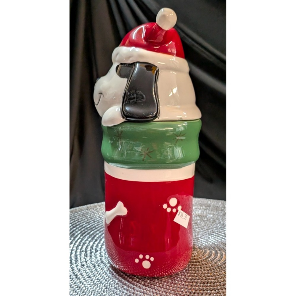 Dog Cookie Treat Jar Paw Winter Season Christmas Holiday Santa Hat Vintage - Picture 3 of 7